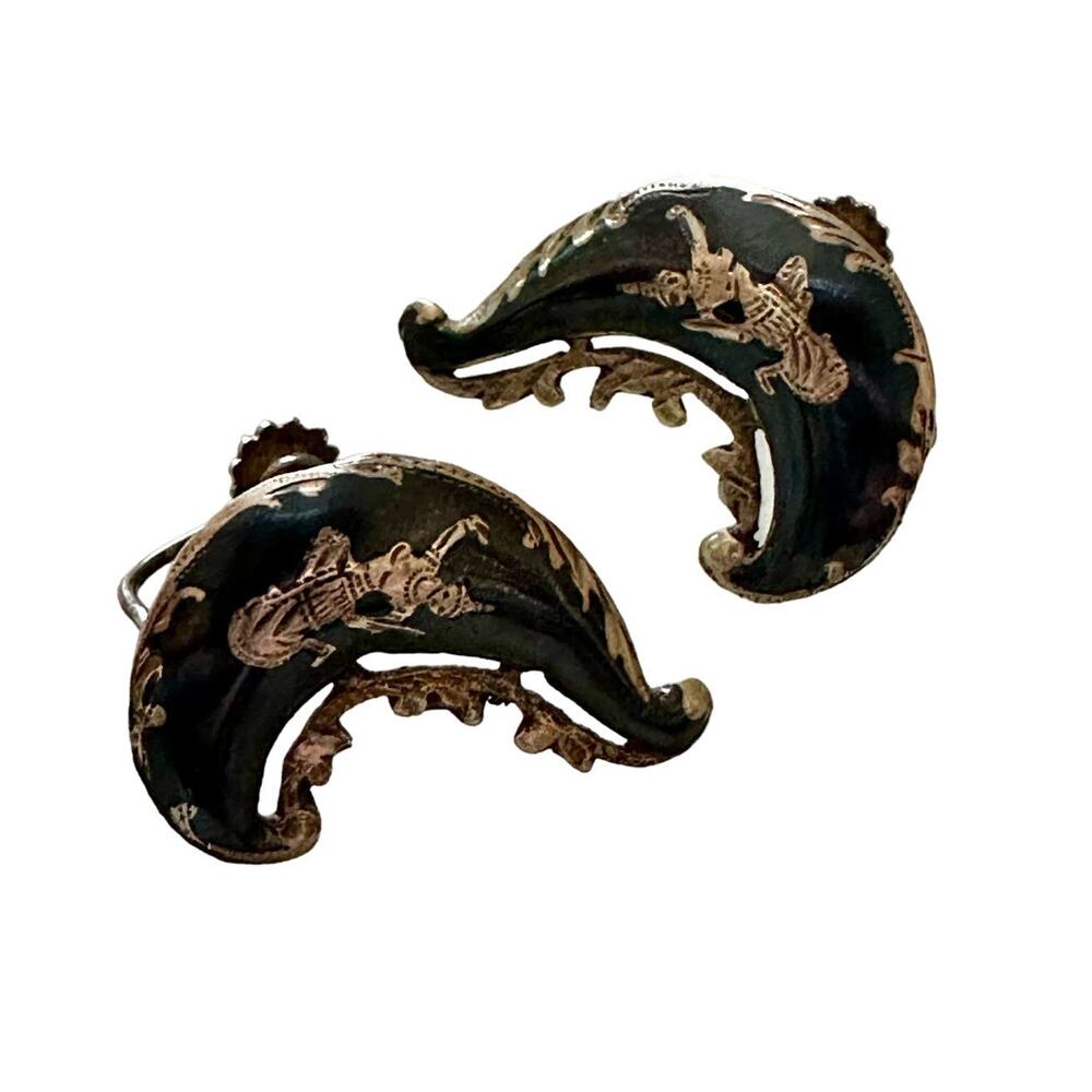 Vintage Siam Sterling Silver Niello Dancer Screwback Earrings